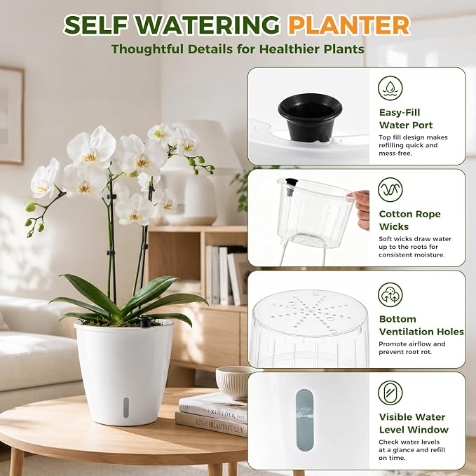 Upgraded Self Watering Pots for Indoor Plants, 3-Pack 6.7 Inch Top-Fill Self Watering Planter with Water Window, Orchid Pots, Clear Wick Inner Basket with Drainage, White