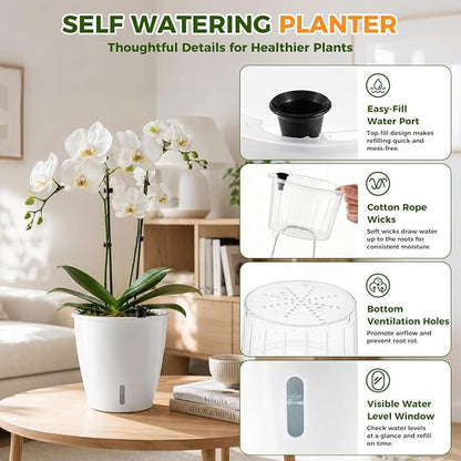 Upgraded Self Watering Pots for Indoor Plants, 12-Pack 5 Inch Top-Fill Self Watering Planter with Water Window, Orchid Pots, Clear Wick Inner Basket with Drainage, White
