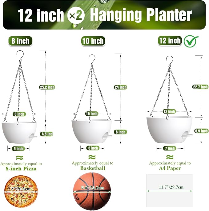 12 Inch Large Self Watering Hanging Planters 2 Pack with Saucers | Set of 2 12-inch self-watering hanging planters with extra soil capacity, side-fill ports, chain hangers & snap-on saucers