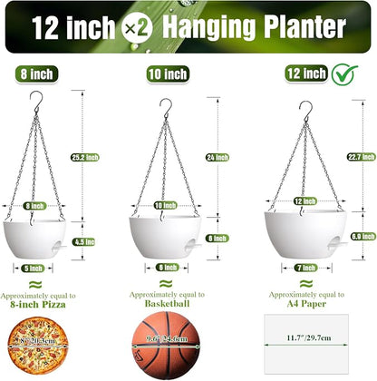 12 Inch Large Self Watering Hanging Planters 2 Pack with Saucers | Set of 2 12-inch self-watering hanging planters with extra soil capacity, side-fill ports, chain hangers & snap-on saucers