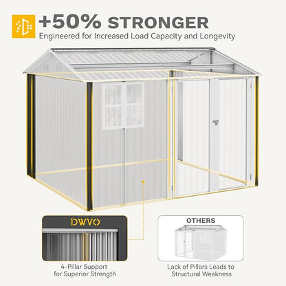 DWVO 10' x 8' Outdoor Storage Shed, Waterproof Metal Garden Shed with Windows, Lockable Doors, and Sloped Roof for Patio, Backyard, Lawn, Tool Storage, Bike Shed, Pet Shelter (Gray + White)