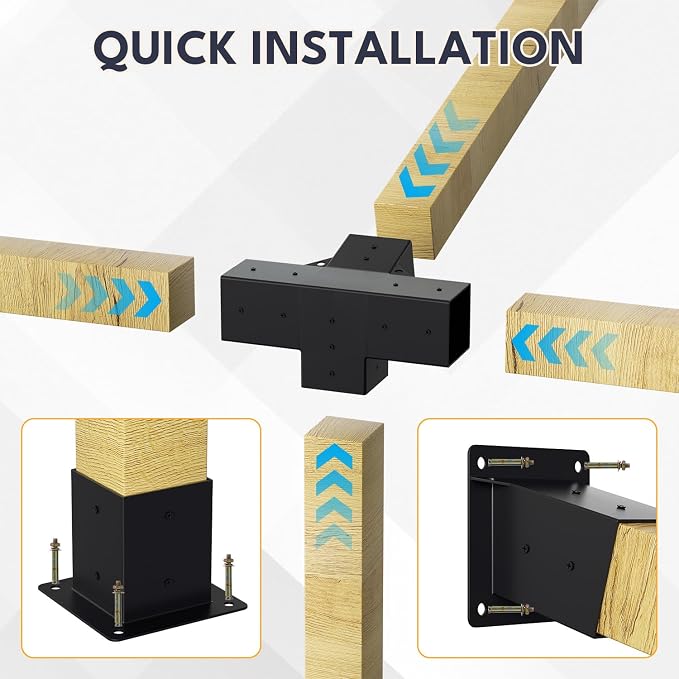 15° Slanted Pergola Bracket Kit, 4-Way Roof Wall Mount Pergola Set with Post Base for 4"x4" Posts for Gazebos, Patio Pergolas(Set of 3)