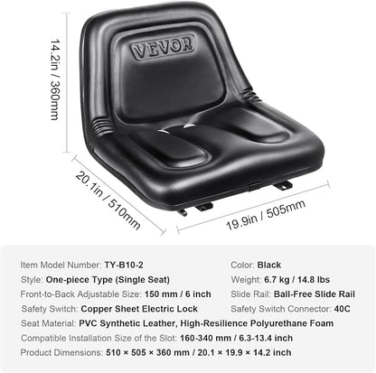 VEVOR Universal Tracor Seat, Lawn Mower Seat with Micro Switch and Drainage Holes, 6.3-11.8 inch Extended Slot Tractor Seat for Tractor Loader Excavator