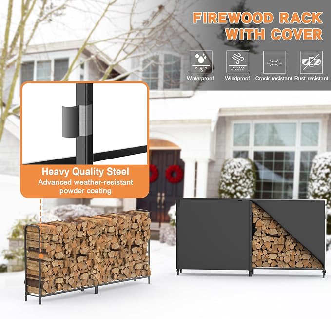 8ft Firewood Rack Outdoor with Cover, Heavy Duty Square Metal Wood Storage Log Holder Stacker, Indoor/Outdoor Use