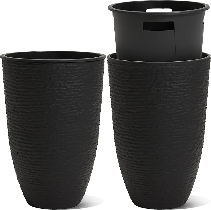 Worth Garden 2-Pack 21" H. Black Tall Planters with Inside Pots - 14'' Dia Plastic Large Round Plant Tree Pots - Decorative Imitation Stone Finish for Indoor Outdoor Front Porch Container Patio