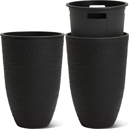 Worth Garden 2-Pack 21" H. Black Tall Planters with Inside Pots - 14'' Dia Plastic Large Round Plant Tree Pots - Decorative Imitation Stone Finish for Indoor Outdoor Front Porch Container Patio