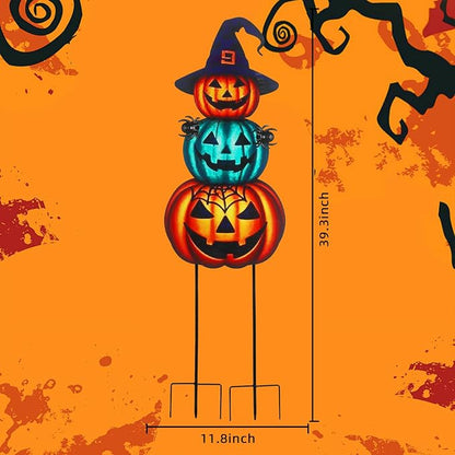 Halloween Yard Stakes Large 39.3" with Stackable Pumpkins and Scary Spiders, Metal Halloween Yard Decorations for Garden, Lawn, Patio, Outdoor Decor with Witch Hat