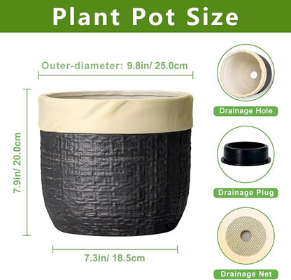 9.8 Inch Planter - Ceramic Pots for Plants with Drainage Hole and Plug, Round Flower Pots for Indoor Plants, Boho Decorative Plant Pot, Garden House Decor, House Warming Gifts New Home, Black