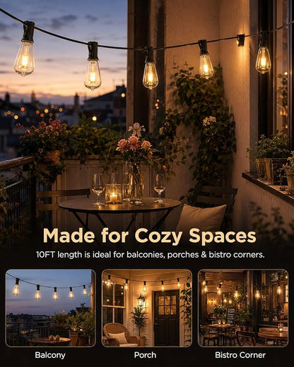 10FT ST38 Outdoor Edison String Lights with11 Clear Vintage Light Bulbs | Clear Glass ST38 Bulbs, Warm Vintage Glow, E12 base, UL-listed cord and End-to-End Connection for Porch Patio Decor