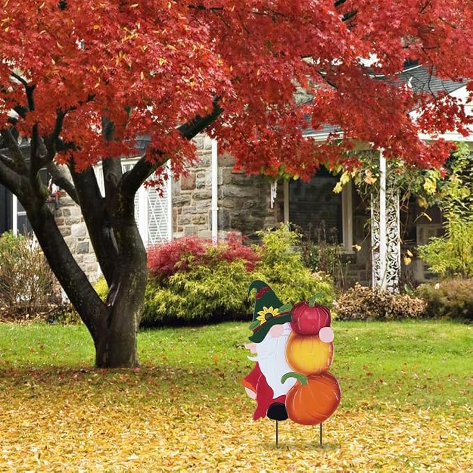YEAHOME Fall Decorations Outdoor, Metal Gnome with Stacked Pumpkin Decorative Garden Stakes for Fall Decor, Autumn Yard Signs for Home Outside Garden Lawn Porch, Thanksgiving Decorations Outdoor