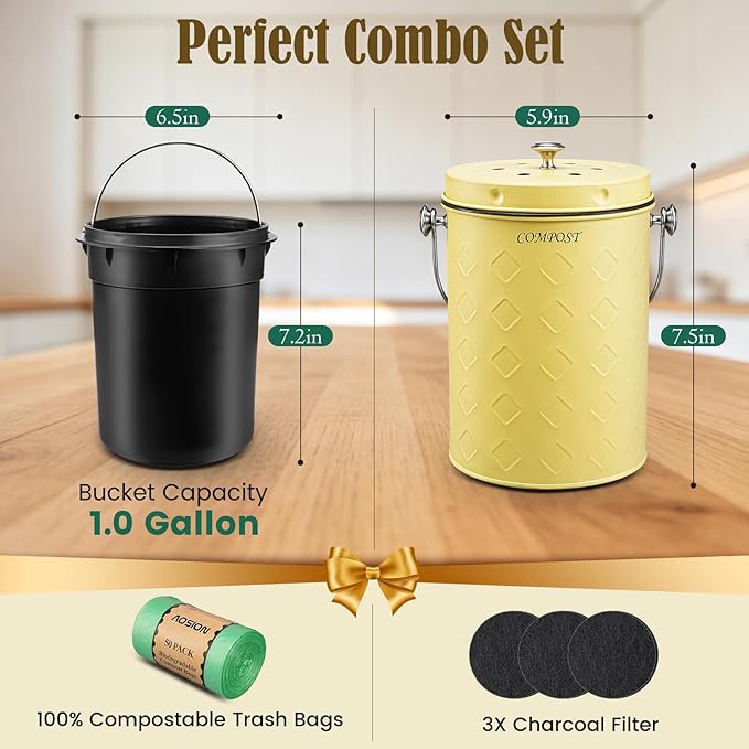 AOSION Countertop Compost Bin Kitchen,Odorless Indoor Compost Bin with Lid | 1 Gallon Composter Container,Removable Inner Bucket,50 Compost Bags,2 Carbon Filters,ideal for food scraps,coffee grounds