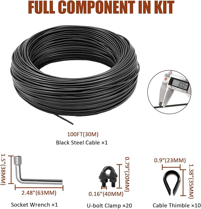 String Light Hanging Kit, All-Black Globe String Lights Suspension Kit w/ 100FT PVC Coated Steel Cable & Enough Accessories, Guide Wire for Outdoor String Light, Patio Light, Camping Light