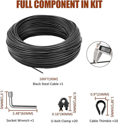 String Light Hanging Kit, All-Black Globe String Lights Suspension Kit w/ 100FT PVC Coated Steel Cable & Enough Accessories, Guide Wire for Outdoor String Light, Patio Light, Camping Light