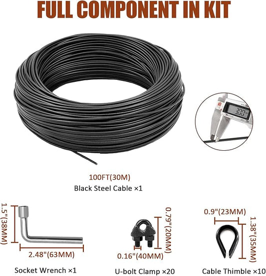 String Light Hanging Kit, All-Black Globe String Lights Suspension Kit w/ 100FT PVC Coated Steel Cable & Enough Accessories, Guide Wire for Outdoor String Light, Patio Light, Camping Light
