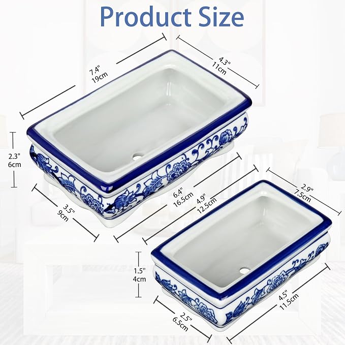 Set of 2 Blue & White Ceramic Bonsai Pots, 7.4" & 4.9" Rectangular Bonsai Planters Pots with Drainage for Outdoor Decor, Small Shallow Bonzie Tree Pot for Succulents, Cacti, Orchids, Herbs Plant Pot