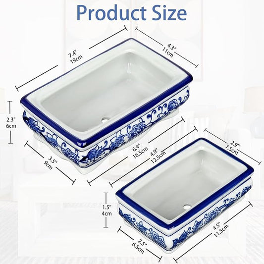 Set of 2 Blue & White Ceramic Bonsai Pots, 7.4" & 4.9" Rectangular Bonsai Planters Pots with Drainage for Outdoor Decor, Small Shallow Bonzie Tree Pot for Succulents, Cacti, Orchids, Herbs Plant Pot