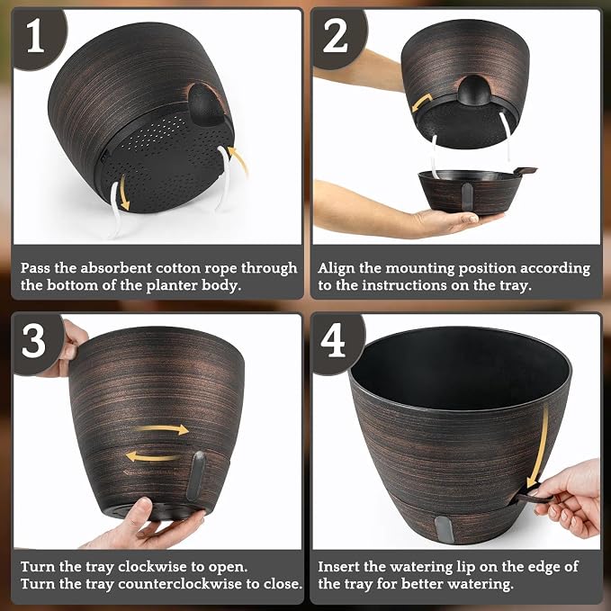 ZMTECH 10 Inch Self Watering Pots for Indoor/Outdoor Plants, 4 Pack Bronze Large Plastic Planter with Water Level Indicator, Drainage Hole & Removable Saucer for Garden Flowers, Deco Plant Container