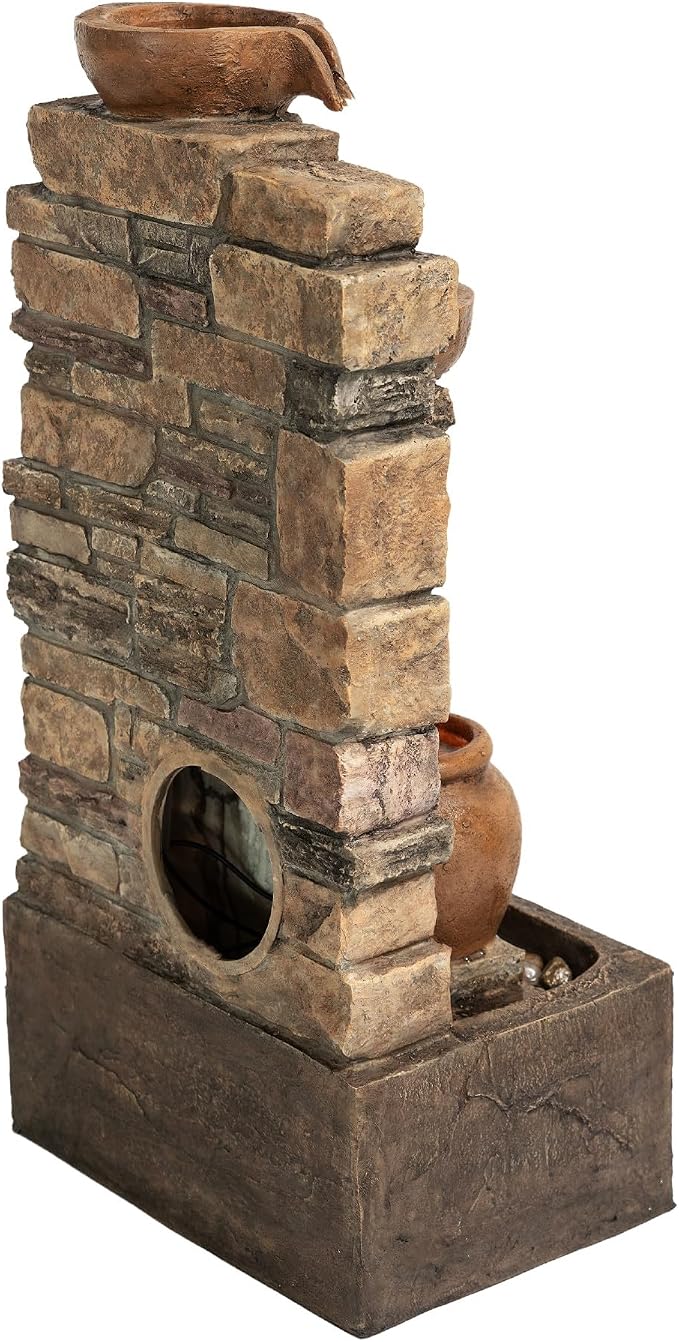 Teamson Home 28.5" Outdoor 4-Tier Stacked Stone Cascading Water Fountain with LED Lights, Brown | Cascading Water, LED Lights