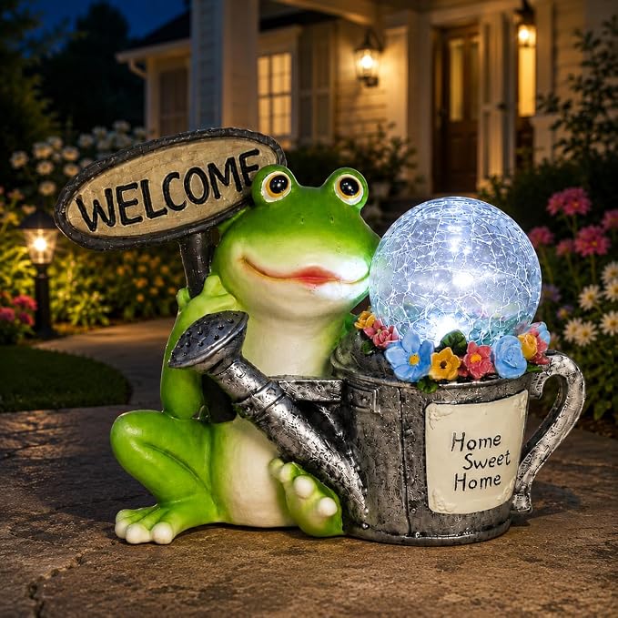 Solar Garden Outdoor Statues Frog Statues with Solar Light, Outdoor Mushroom Frog Figurines Decorations Yard Decor for Patio Balcony Lawn Ornament, Unique Housewarming Gifts for Women