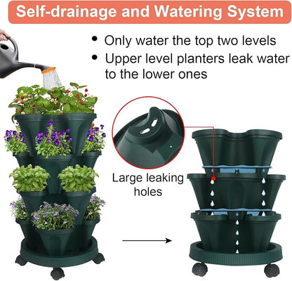 GameXcel Vertical Planter Tower - 4 Tier Stackable Garden Planters with Wheels and Tools Plant Pots for Strawberry Herb Flower and Vegetable Indoor Outdoor Use Green