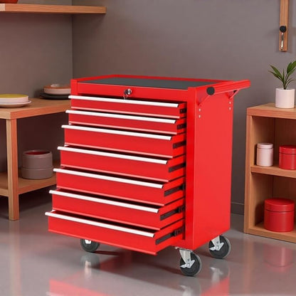 Tool Chest, 7-Drawers Rolling Tool Box with Rotate Handle & Wheels, Lockable Multifunctional Tool Cart, Suitable for Garages, Warehouses, Repair Shops, Capacity 450lbs, Black