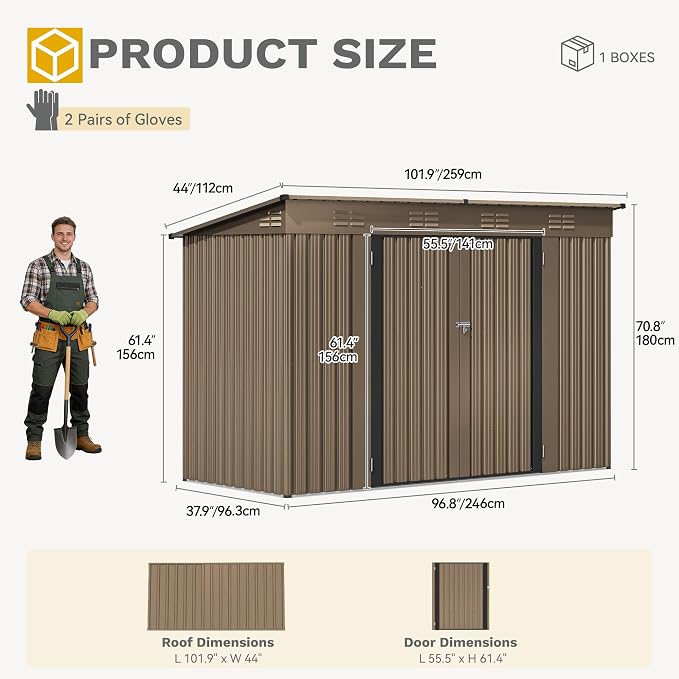 DWVO 9x4ft Large Outdoor Storage Shed, Metal Tool Sheds, Heavy Duty Tool Storage with Lockable Doors & Air Vent for Backyard Patio Lawn to Store Bikes, Tools, Lawnmowers,Brown