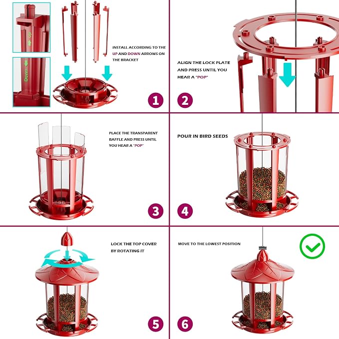 Birdream Bird Feeders for Outdoor Hanging, Assembly Required, 1-Min Easy Setup, Charming Castle Design, Attracting Cardinals Chickadees Goldfinches & Sparrows - Red