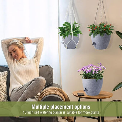 Meowell Self Watering Hanging Planters 10 inch, 2 Pack Hanging Flower Pots for Indoor Outdoor Plants, Hanging Baskets with Drainage Holes & 2 Kinds of Plant Hangers for Garden Decor, Speckled Grey