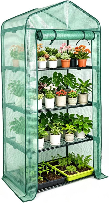 Worth Garden 4 Tier Mini Greenhouse - 63'' H x 27'' L x 19'' W - Sturdy Portable Gardening Shelves with Durable PE Cover w/ Roll-Up Zipper Door- Small Green House Indoor & Outdoor for Plants Flowers