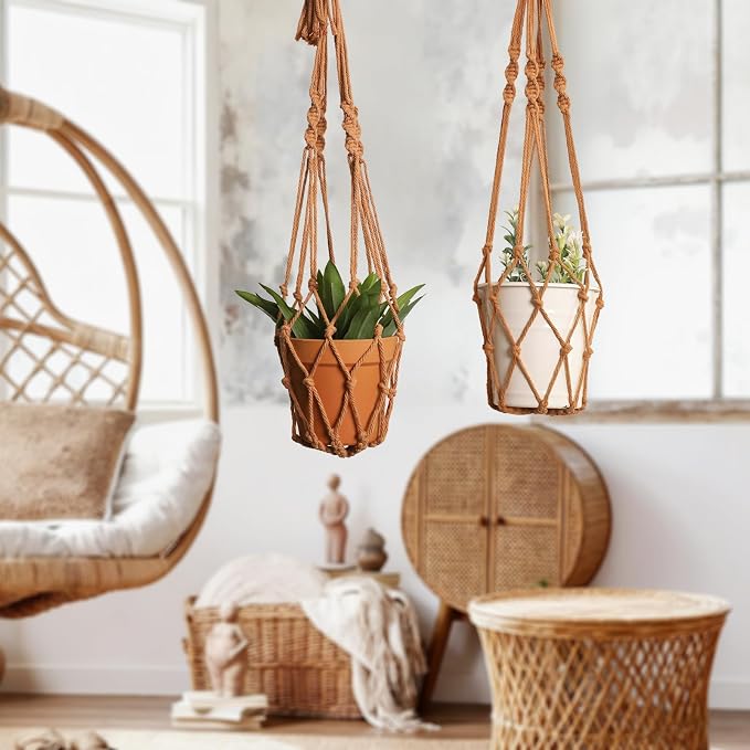 Artilady Macrame Hanging Planter for Indoor Plants Boho Plant Hanger Holder | Large Plant Holder, Hanging Baskets for Plants Outdoor, No Tassels, Farmhouse Rustic, Window Balcony Home Decor, 2 Pack