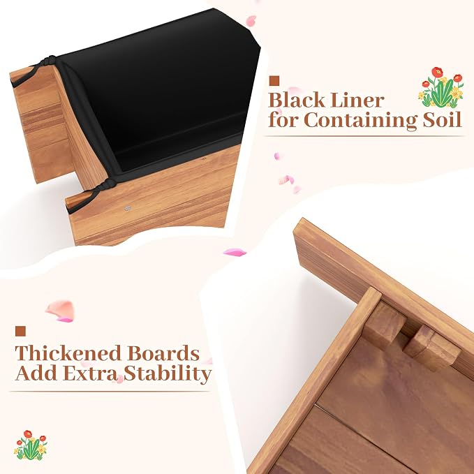 HAPPYGRILL Raised Garden Bed, Wood Flower Planter Box w/4 Drainage Holes, Black Liner for Containing Soil, Indoor Outdoor Wooden Plant Container for Backyard, Patio, Balcony (1,44" x 11" x 10")