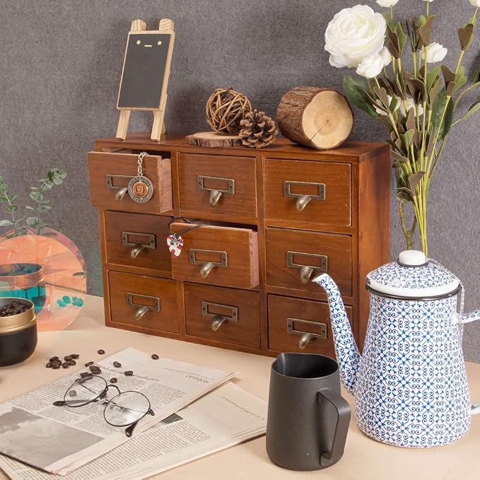 Apothecary Drawers Apothecary Cabinet with Drawers, Brown | 9 Drawer Library Card Catalog, Wooden Storage Box, Wooden Desktop Organizer with Metal Handles-Fulled Assembled