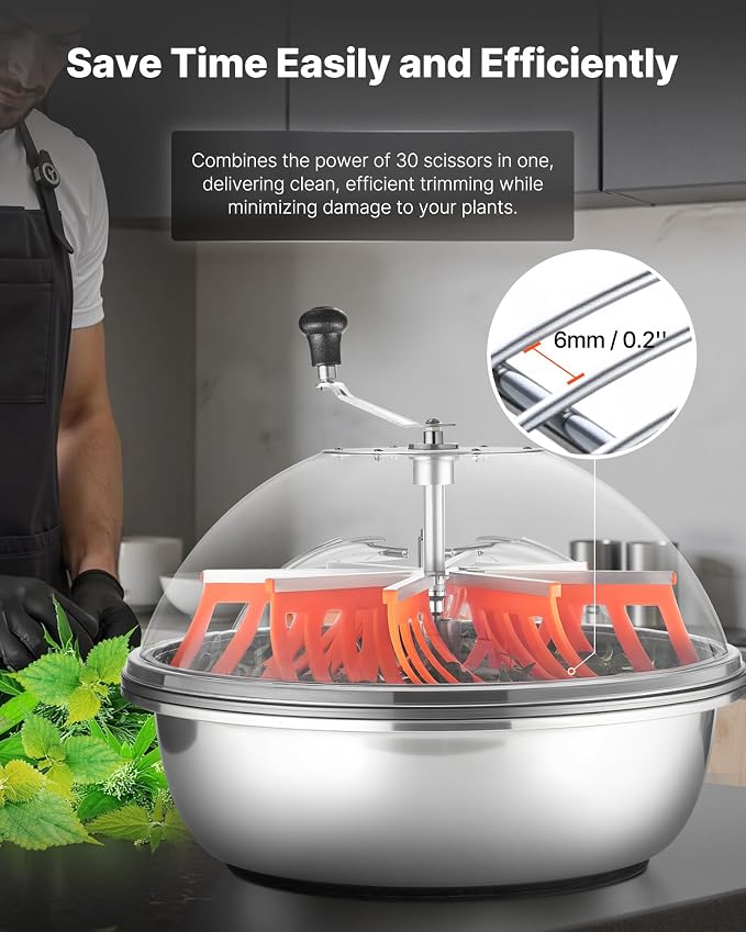 VEVOR Bud Leaf Bowl Trimmer 24", Spin Cutting Machine with Clear Visibility Dome, Sharp Stainless Steel Blades, Wet & Dry Trimming for Buds, Leaves, Hydroponics, Solid Metal Gear Box, and Hand Pruner