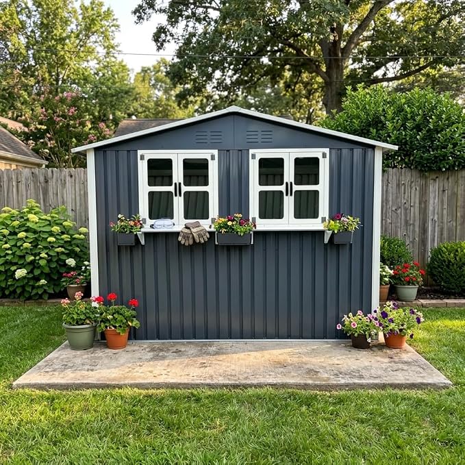 6x9 FT Outdoor Storage Shed with 2 Clear Openable Windows,Waterproof Metal Building Backyard Shed w/Windowsill & Garden Bed Flower Rack,Lockable Double Doors Tool Shed,for Yard,Coal Gray