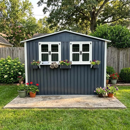 6x9 FT Outdoor Storage Shed with 2 Clear Openable Windows,Waterproof Metal Building Backyard Shed w/Windowsill & Garden Bed Flower Rack,Lockable Double Doors Tool Shed,for Yard,Coal Gray