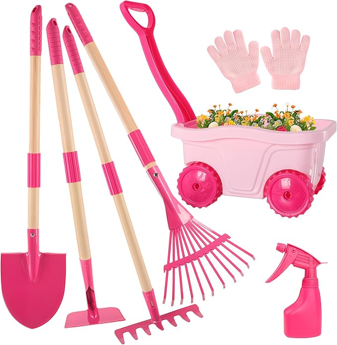 Kids Gardening Tools Set – 7pcs Wheelbarrow Set with Shovel, Rake, Pink | Shovel, Rake, Lawn Digging & Weeding, Summer Outdoor Yard Toy for Age 2 3+, Easter & Birthday Gift for Boys Girls