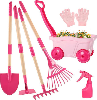 Kids Gardening Tools Set – 7pcs Wheelbarrow Set with Shovel, Rake, Pink | Shovel, Rake, Lawn Digging & Weeding, Summer Outdoor Yard Toy for Age 2 3+, Easter & Birthday Gift for Boys Girls