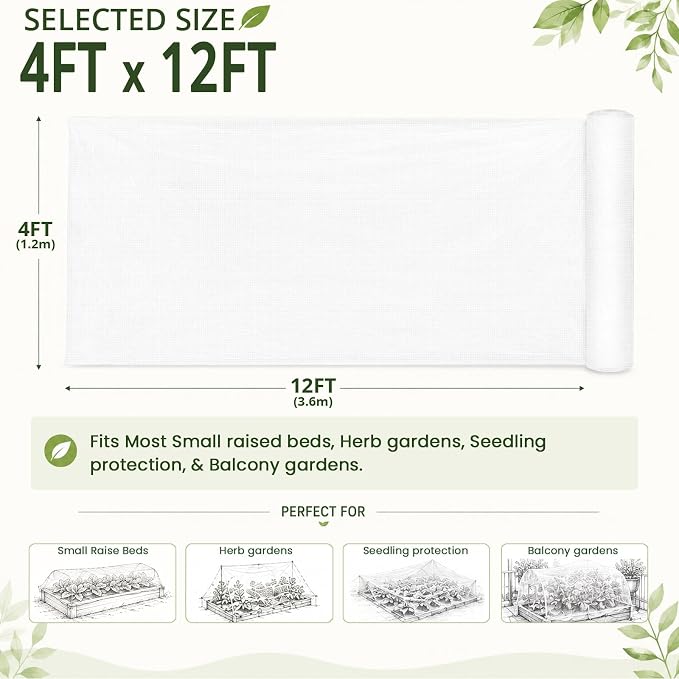 4x12Ft Garden Netting, Fine Mesh Insect Netting for Plant Protection, Mosquito Bug Bird Barrier Mesh Cover for Vegetables Fruits Flowers Raised Beds