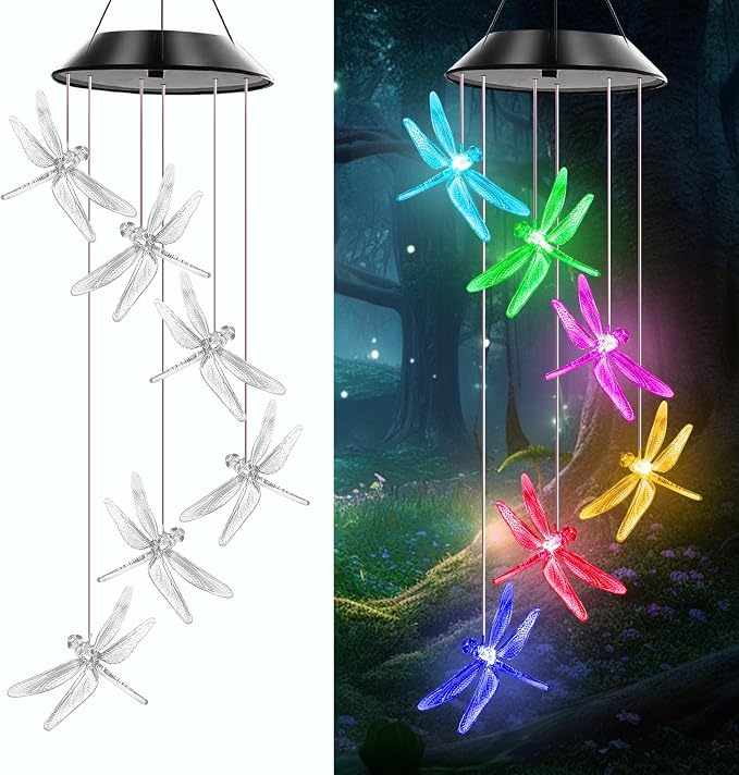 Dragonfly Solar Wind Chimes Outdoor, Color Changing Solar Lights, | Gifts for Mom Grandma, Waterproof Decorative Mobile Light, Gardening Gift for Garden,Patio, Window, Yard, Outdoor Decor