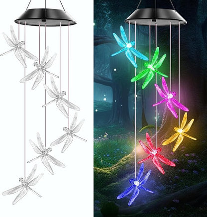 Dragonfly Solar Wind Chimes Outdoor, Color Changing Solar Lights, | Gifts for Mom Grandma, Waterproof Decorative Mobile Light, Gardening Gift for Garden,Patio, Window, Yard, Outdoor Decor