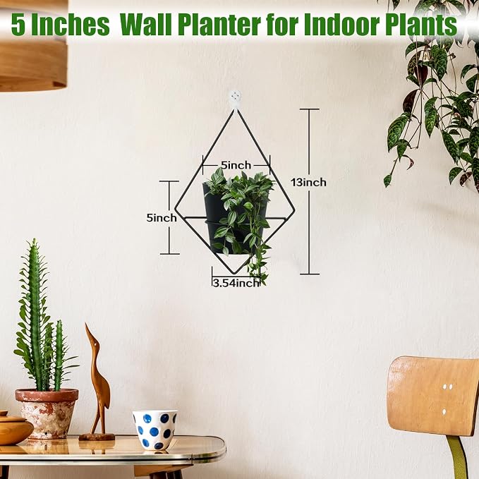 Koalaime 3 Sets Wall Planters for Indoor Plants Geometric Hanging Planters for Indoor Plants - Self-Watering Flower Pots with Black Metal Holder, Mounted Succulent Planter, 5" Black Plant Pot