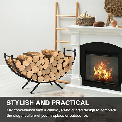 NANANARDOSO Curved Firewood Rack，33 inches Powder-coated Metal Fireplace Log Holder for Firewood Storage，Ideal for Indoor and Outdoor Fireplaces Wood Storage，Black