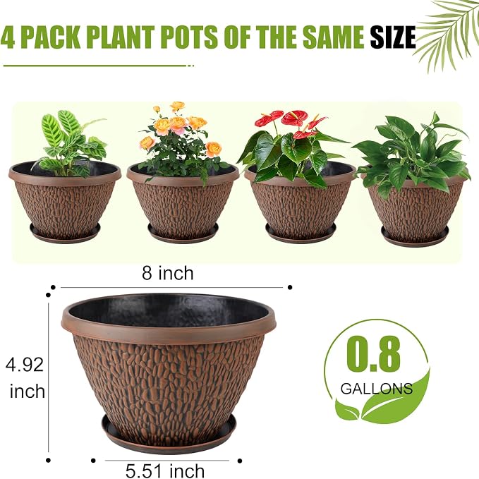 Nooulap 4 Pack 8 Inch Plant Pots Outdoor Indoor, Small Flower Pots with Drainage Hole & Tray, Thickened Plastic Outdoor Planters for Garden House Decor
