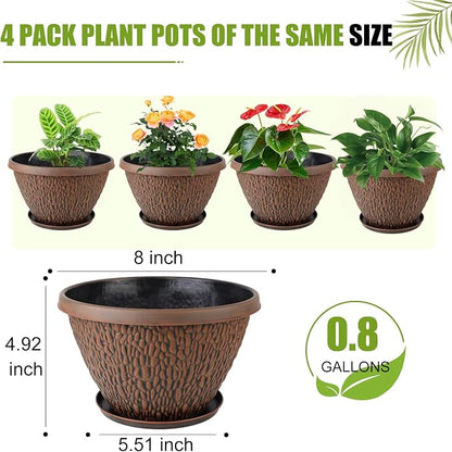 Nooulap 4 Pack 8 Inch Plant Pots Outdoor Indoor, Small Flower Pots with Drainage Hole & Tray, Thickened Plastic Outdoor Planters for Garden House Decor