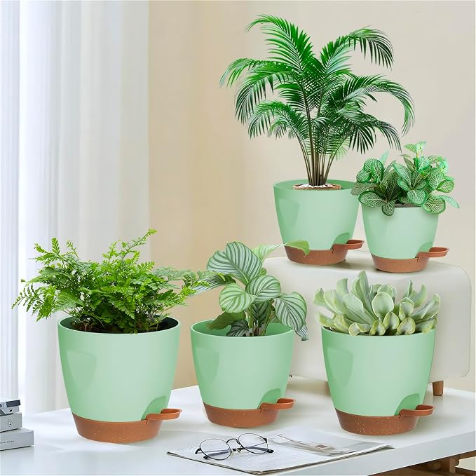 Self Watering Plant Pots with Drainage & Saucers, 5-Pack 7/6.5/6/5.5/5 in - Plastic Flower Pots for Indoor Plants, Succulents & Herbs, Planters for Indoor Outdoor & Balcony (Green)