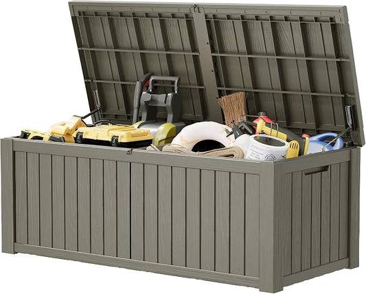 Outdoor Storage Box, Resin Deck Box Indoor and Outdoor, Waterproof Lockable Lid, Grey, 200 Gallon