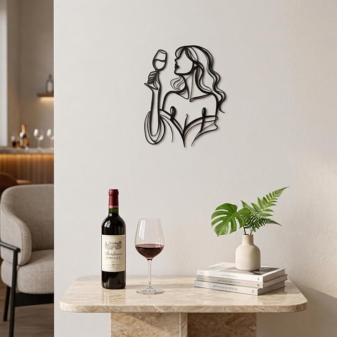 LIYAOLI 3D Metal Wall Sculpture Decor - Black Wall Art of Woman Drinking Wine, Waterproof Kitchen Line Art, Unique Modern Metal Art for Dining Room, Bar, Living Room, Bedroom