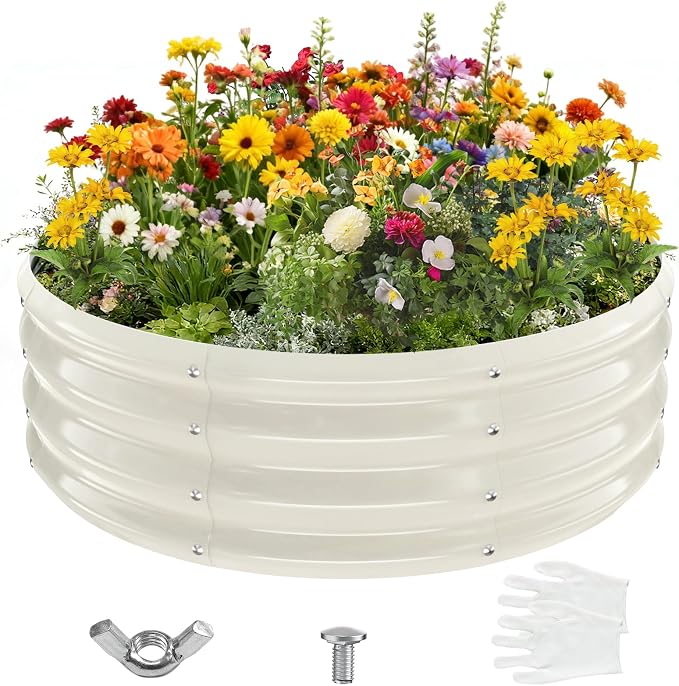 12 Inch Tall 36 Inch Diameter Round White Raised Garden Bed Kits Outdoor | 1 FT Tall,3 FT Planter Bed for Flowers,Herbs,Vegetables,Trees,0.8MM Thick Galvanized Metal Painted,with Gloves,Tool free