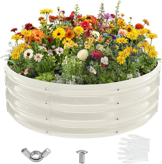 12 Inch Tall 36 Inch Diameter Round White Raised Garden Bed Kits Outdoor | 1 FT Tall,3 FT Planter Bed for Flowers,Herbs,Vegetables,Trees,0.8MM Thick Galvanized Metal Painted,with Gloves,Tool free