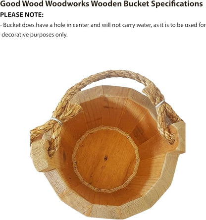 Good Wood - Wooden Bucket 8" x 10" Water Wishing Well Pail with Rope Twine Handle Solid Wood Vintage Style Primitive Planter - Made in The USA